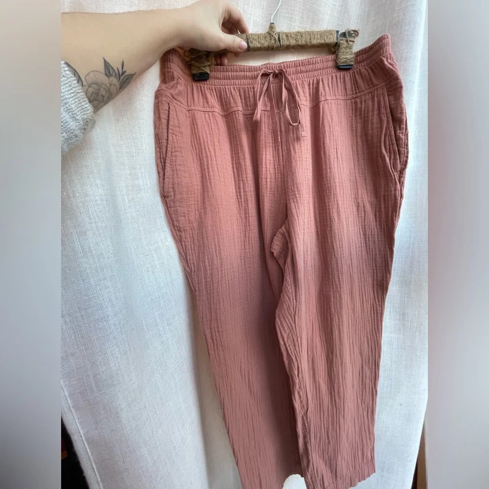 Like New 100% Cotton Relaxed Tie Waist Pants Dusty Rose Brown Large - Picture 1 of 12